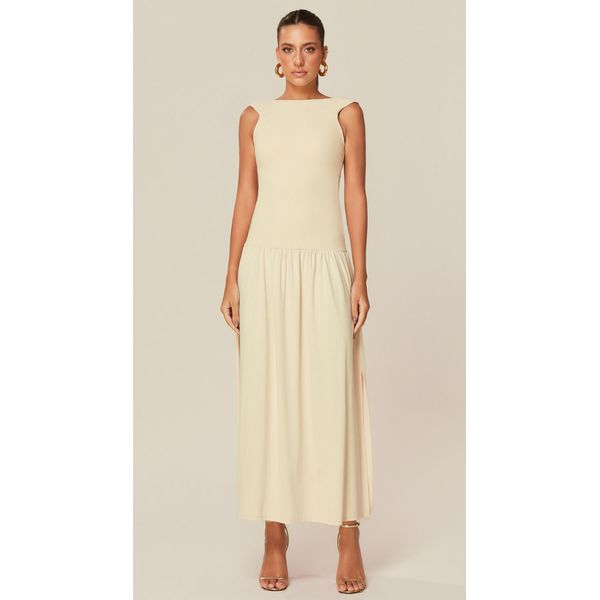 Vestido Longo com Decote Alto em Malha Off