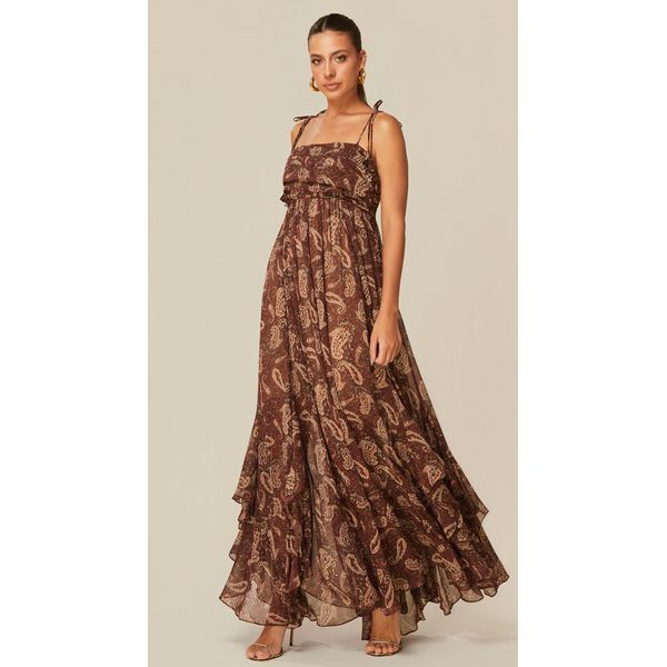 Vestido Longo de Alças Finas Estampado Marrom