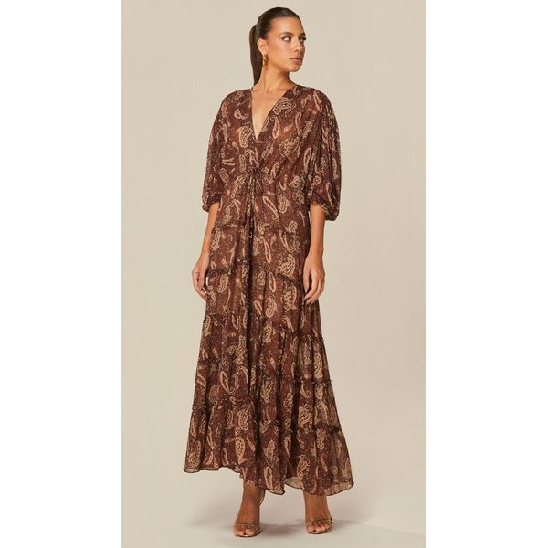 Vestido Midi com Mangas 3/4 Estampado Marrom