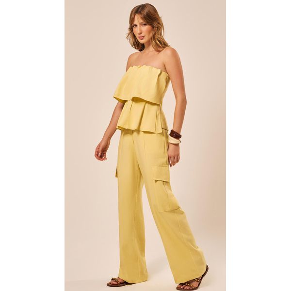 Calça Cargo Cintura Alta Amarelo