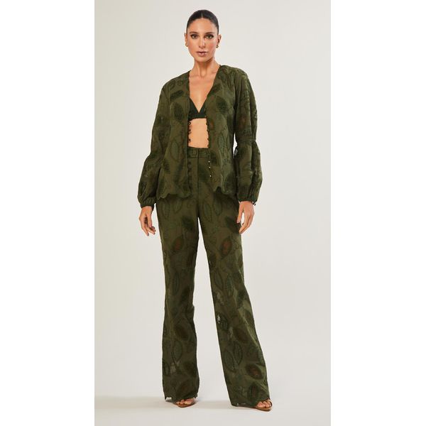 Calça Reta em Laise Folhas