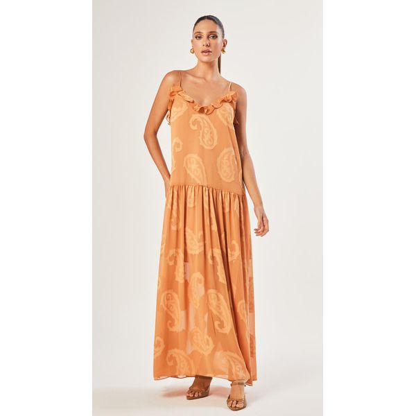 Vestido Longo de Alça Paisley Bege