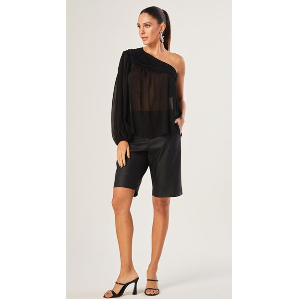 Blusa Assimétrica com Nervuras Preto 