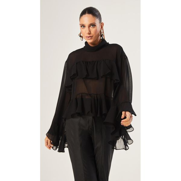 Blusa Manga Ampla com Babados Preto