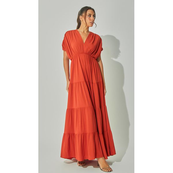 Vestido Longo Com Franzidos e Recortes