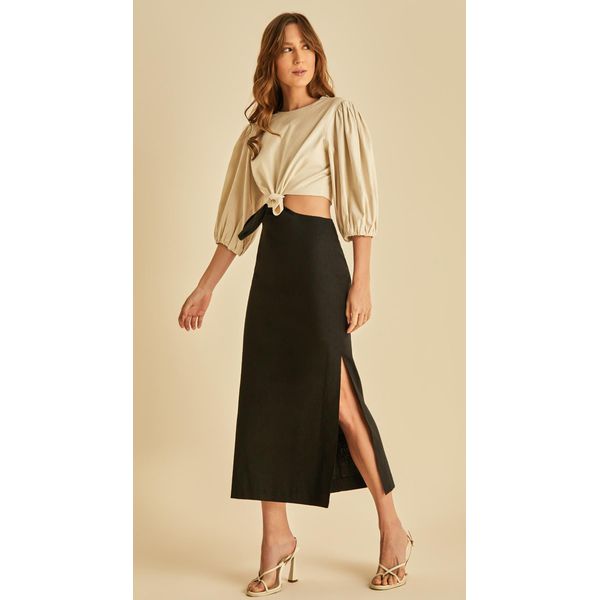 Vestido Midi Linho Bicolor