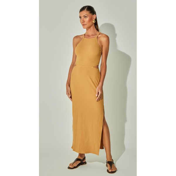 Vestido Midi Malha Canelada com Vazados
