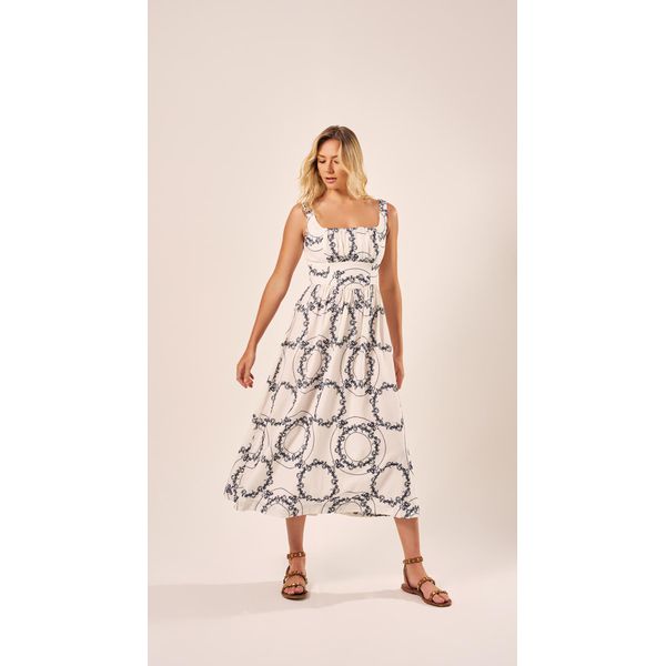 Vestido Midi Linho Bordados Off White