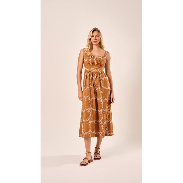 Vestido Midi Linho Bordados Castanho
