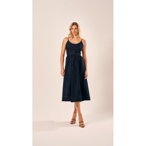 Vestido Midi Saia Franzida Jeans