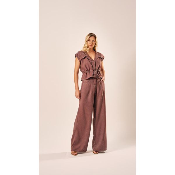 Calça Pantalona Com Pregas Chocolate