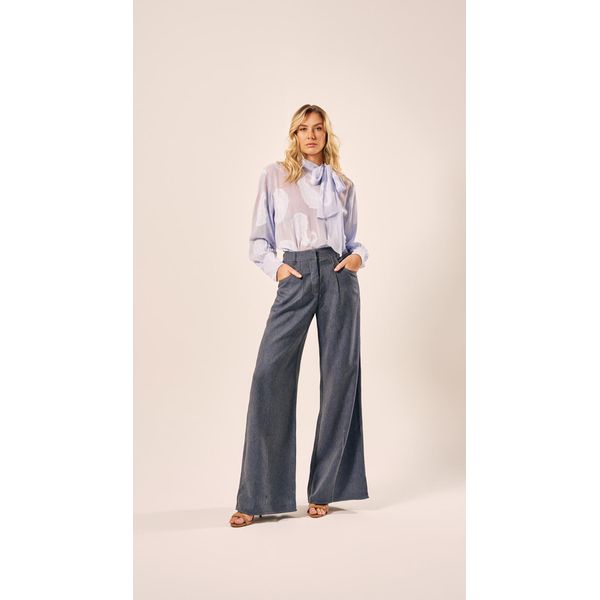 Calça Pantalona Com Pregas Marinho