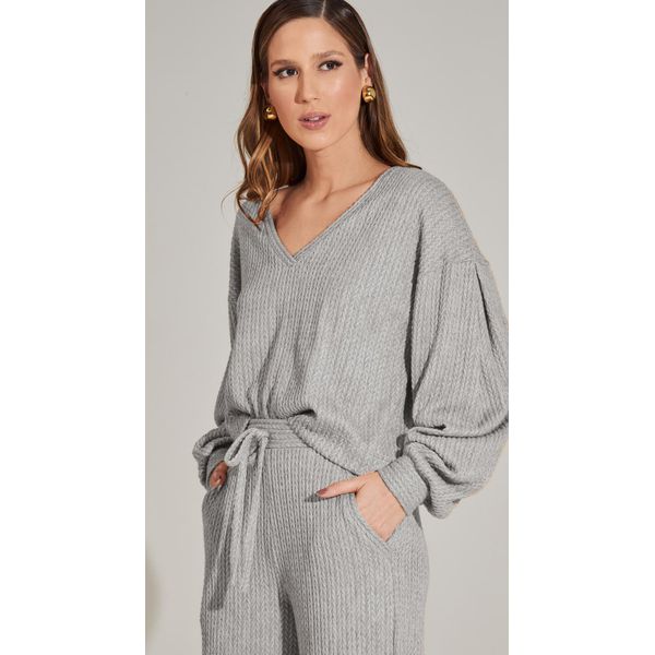 Blusa de Tricot com Manga Longa Cinza