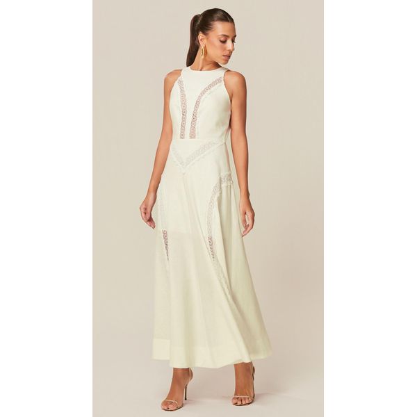 Vestido Midi com Renda em Linho Off