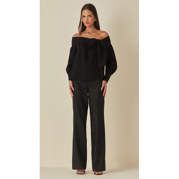 Calça Em Linho Bordado Preto