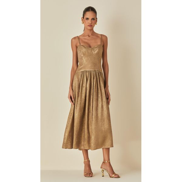 Vestido Midi de Alça Metalizado Dourado