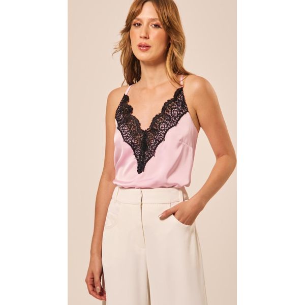 Camiseta Decote V com Renda Rosa 