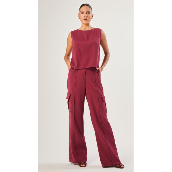 Calça Cargo em Crepe Cereja 