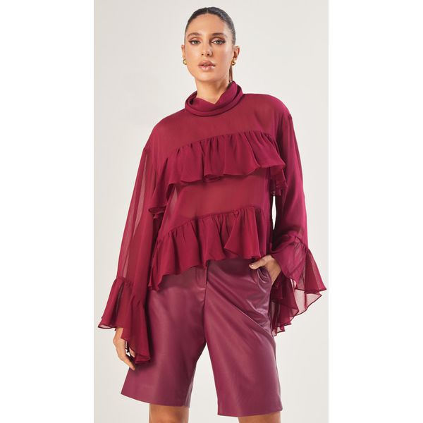 Blusa Manga Ampla com Babados Cereja 