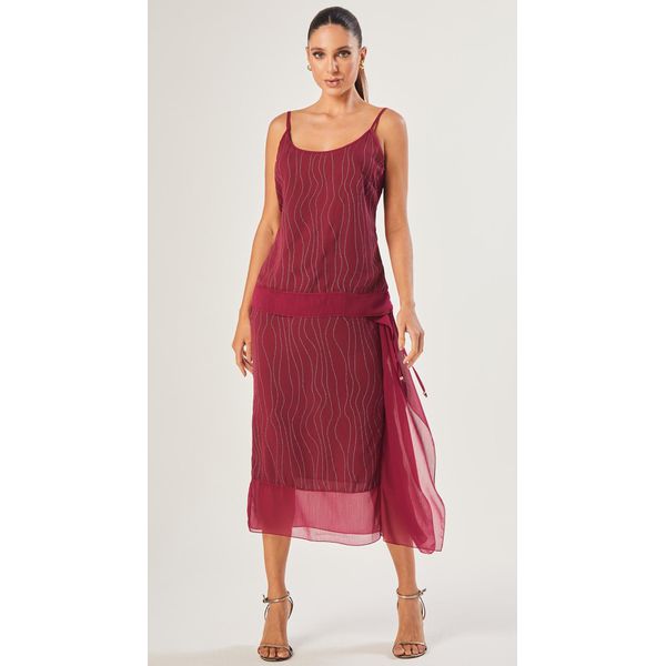 Saia Midi Metallic Stripes Cereja 