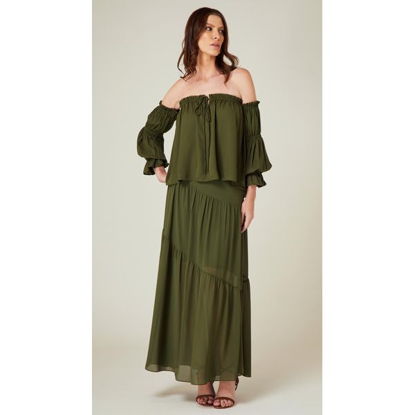 Blusa Ombro a Ombro com Manga Longa Verde Pesto