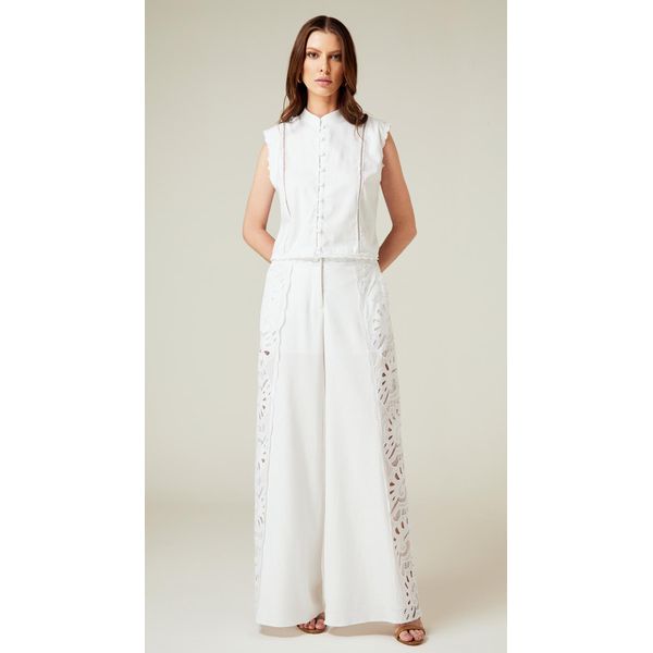 Calça Pantalona com Guipir Branco
