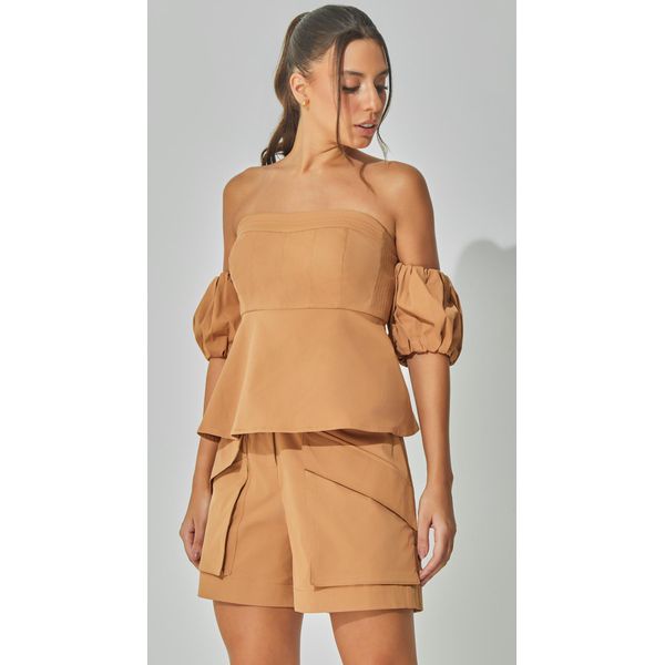 Blusa Peplum Sarja Camel