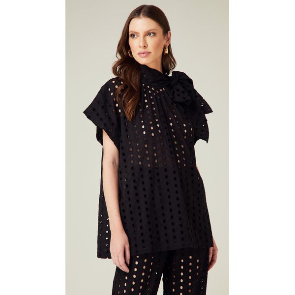 Blusa Ampla Laise com Laço Preto 