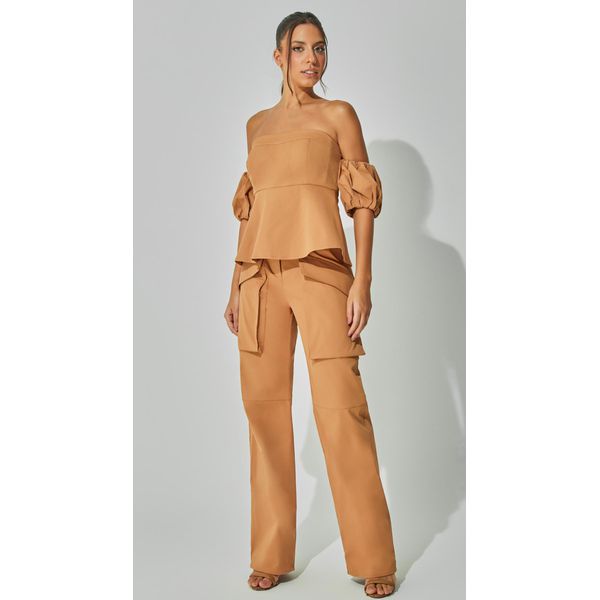 Calça Cargo Cintura Alta Camel