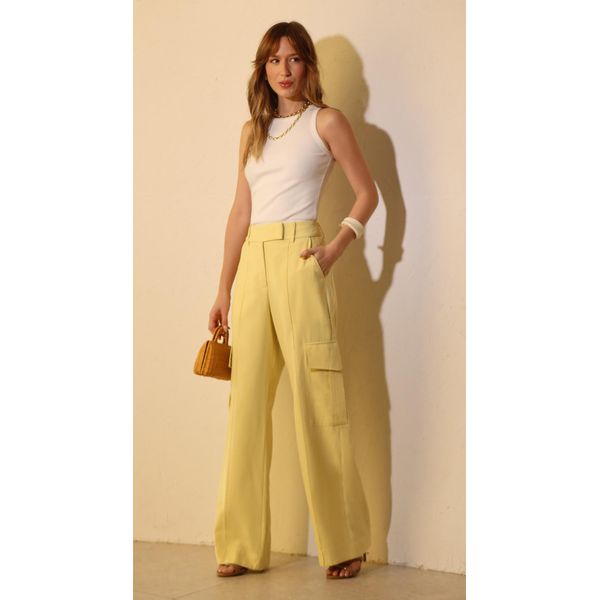 Calça Cargo Cintura Alta Amarelo