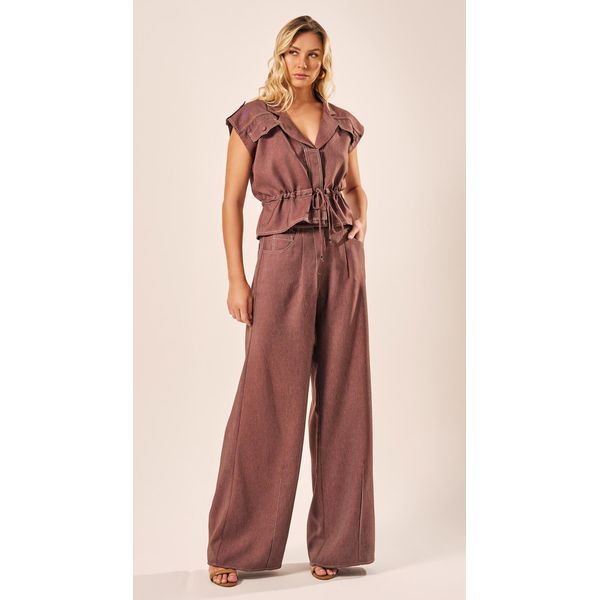 Calça Pantalona Com Pregas Chocolate