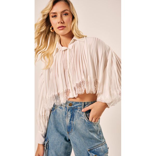 Camisa Plissada Manga Longa Branco