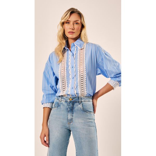 Camisa Tricoline com Rendas Azul