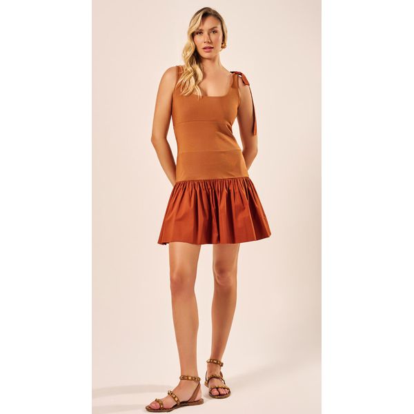 Vestido Curto em Malha Canelada Terracota 