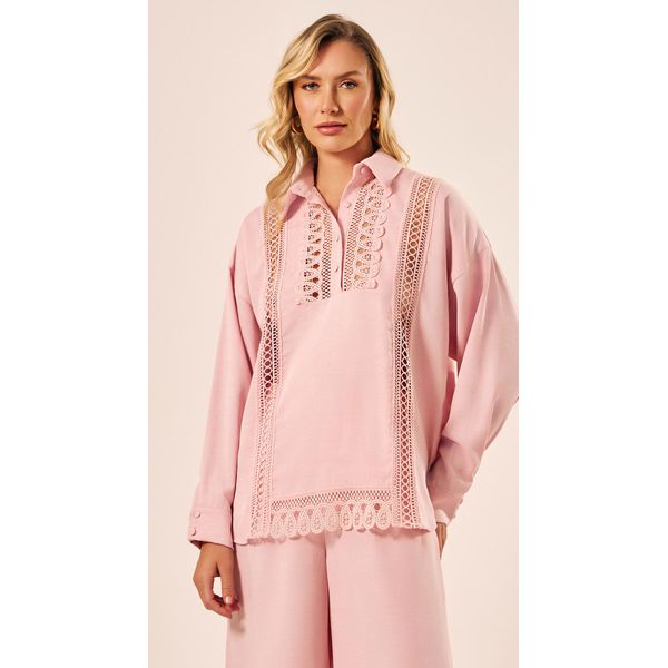Camisa Rendas Viscolinho Rosa Claro 