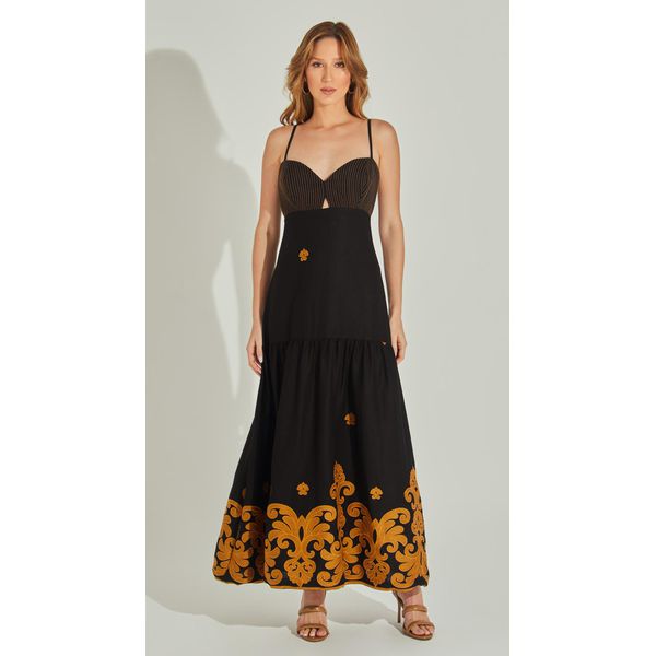 Vestido Longo Bordado Busto Pespontado