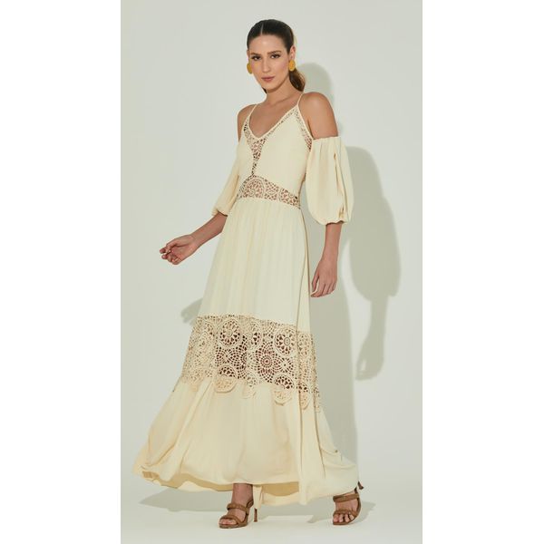 Vestido Midi Guipir com Mangas