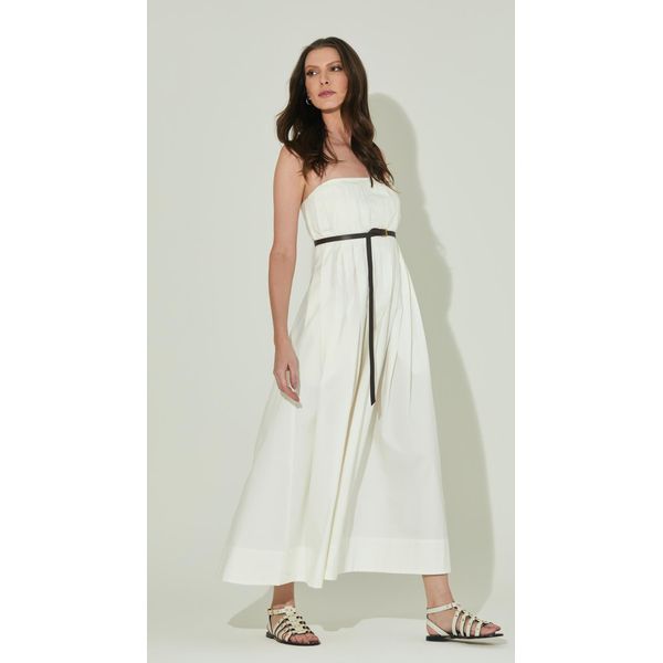 Vestido Midi com Pregas e Cinto Off White