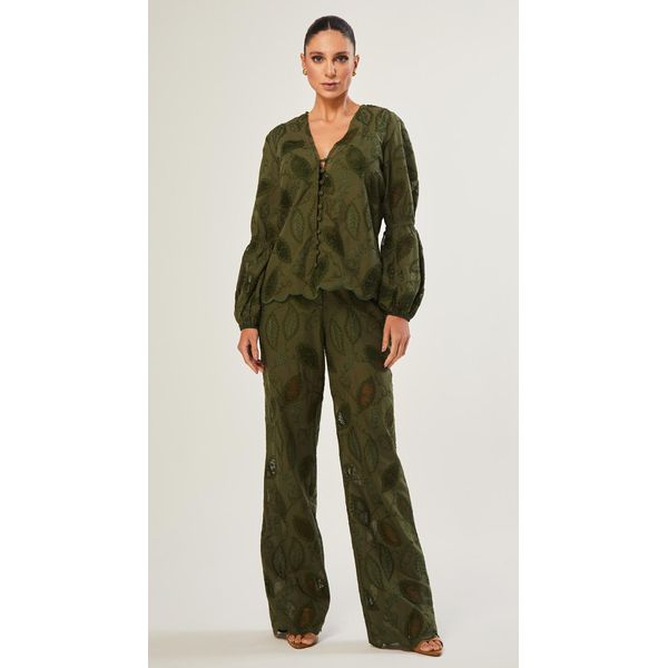 Calça Reta em Laise Folhas