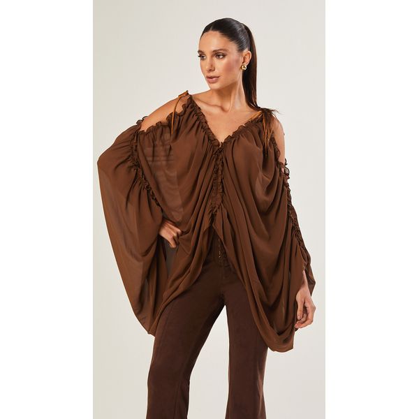 Blusa Ampla Com Babados e Couro