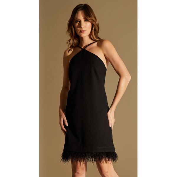 Vestido Curto com Plumas