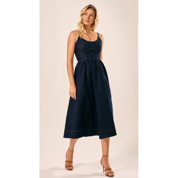 Vestido Midi Saia Franzida Jeans