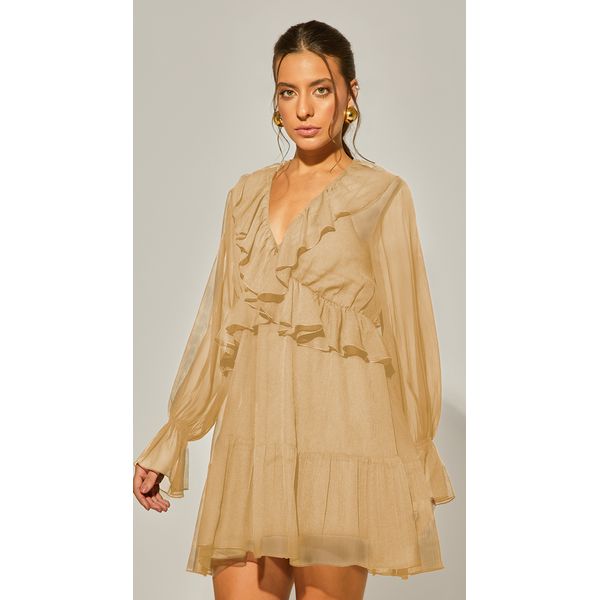 Vestido Curto com Mangas e Babados - AMARELO