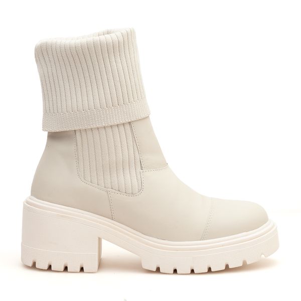 Bota Coturno Feminino Cano Alto Meia Salto Médio Off White