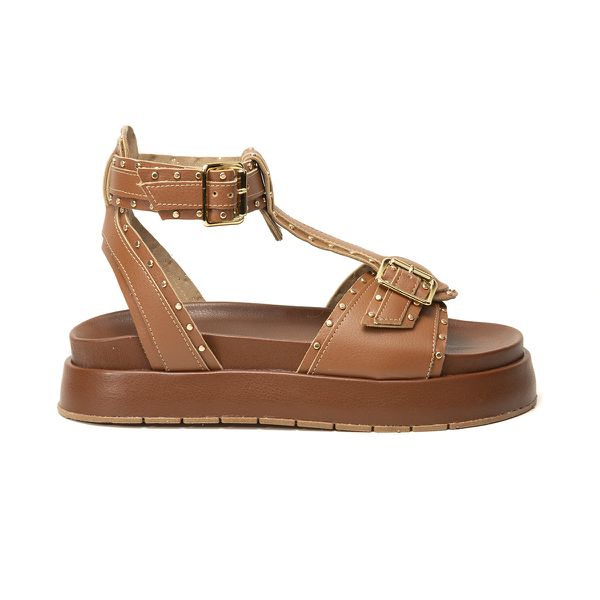 Sandália Isabela Papete Flatform Spikes Tornozeleira Caramelo