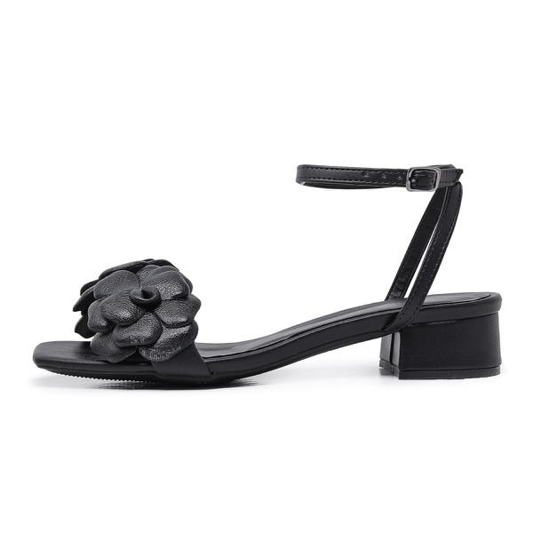 Sandália Manu Bico Quadrado Flor Salto Baixo Preto LeRUCHEL