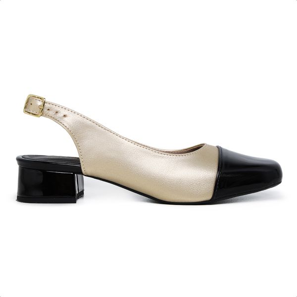 Scarpin Slingback Aurora Bicolor Bico Quadrado Ouro/Preto