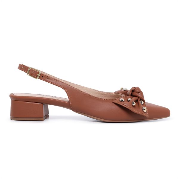 Scarpin Slingback Alexia Laço Esferas Bico Fino Caramelo