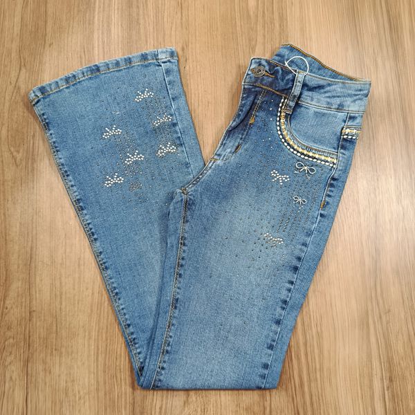 Calça Jeans Juvenil Feminina American Country Boots Cut Bordada 