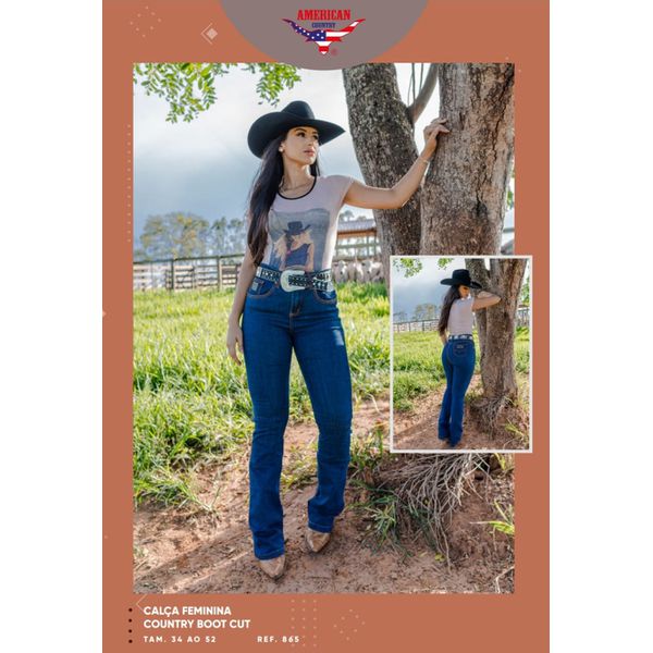 Calça Jeans Feminina American Country Boots Cut Bordada